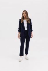 SPODNIE NANCY GRANATOWE S - Flawless. Niebieskie spodnie materiałowe Flawless, bez wzorów, z gumy, biznesowe. Za 350.00 zł.