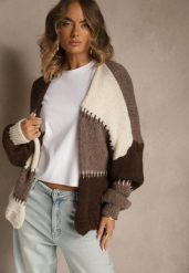 Beżowy Kardigan z Domieszką Wełny i Wiskozy w Patchworkowym Stylu Fesolinne. Brązowe swetry Renee, s, bez wzorów, z jeansu, bez ramiączek. Za 149.99 zł.