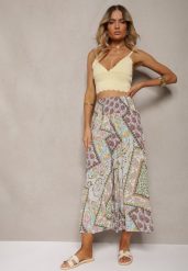 Miętowe Szerokie Spodnie Culottes z Mozaikowym Wzorem i Gumką w Pasie Mizina. Brązowe jeansy Renee, na lato, l, bez wzorów, z jeansu, boho. W wyprzedaży za 29.99 zł.