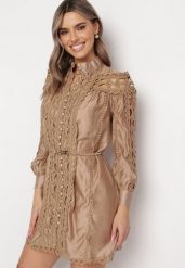 Beżowa Koszulowa Sukienka w Stylu Vintage ze Stójką i Paskiem w Talii Glikoma. Brązowe sukienki Born2be, m, bez wzorów, vintage, bez kołnierzyka, bez ramiączek, mini, koszulowe. W wyprzedaży za 203.99 zł.
