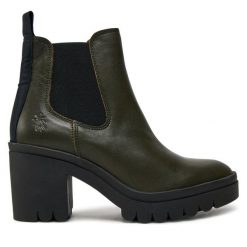 Botki Fly London. Zielone botki Fly London, bez wzorów, bez obcasa, na słupku, bez zapięcia. Za 389.99 zł.
