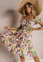Zielono-Różowa Taliowana Sukienka z Bawełny Wykończona Gumką w Talii i Guzikami Nelianne. Zielone sukienki Renee, na imprezę, s, bez wzorów, z bawełny, eleganckie, bez kołnierzyka, bez ramiączek, midi, kopertowe. Za 49.99 zł.