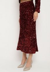 Bordowa Koktajlowa Spódnica Ozdobiona Cekinami i Gumką w Pasie Beriyana. Czerwone spódnice Born2be, na co dzień, m, bez wzorów, eleganckie, midi, proste. Za 119.99 zł.