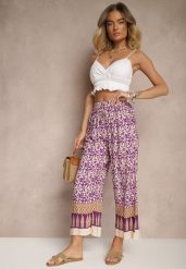 Fioletowe Spodnie z Bawełny High Waist z Abstrakcyjnym Wzorem Lisathiela. Fioletowe jeansy Renee, bez wzorów, z bawełny, z podwyższonym stanem. W wyprzedaży za 20.99 zł.