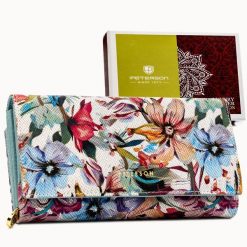 Elegancki portfel damski ze skóry naturalnej w kwiatowy wzór - Peterson. Niebieskie portfele Peterson, bez wzorów, ze skóry. Za 169.99 zł.