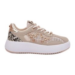 Buty Sportowe Damskie Z Siateczką I Ćwiekami Beżowe beżowy. Brązowe buty treningowe bez wzorów, bez zapięcia, trekkingowe. Za 155.14 zł.