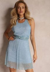 Niebieska Błyszcząca Sukienka Mini z Gumką w Talii i Wiązaniem na Szyi Brecklyn. Niebieskie sukienki Renee, s, bez wzorów, z materiału, bez kołnierzyka, bez ramiączek, mini, rozkloszowane. Za 99.99 zł.