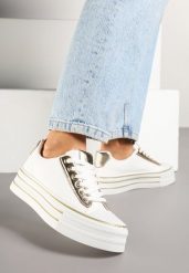 Biało-Złote Trampki na Platformie w Casualowym Stylu Ravilne. Białe trampki Renee, bez wzorów, z jeansu, eleganckie, bez zapięcia. W wyprzedaży za 75.99 zł.