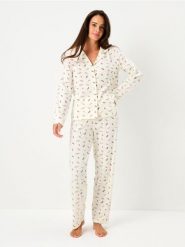 Bawełniana piżama dwuczęściowa ze wzorem - kremowy. Białe piżamy Sinsay, l, bez wzorów, z bawełny, bez kołnierzyka, bez ramiączek. Za 79.99 zł.