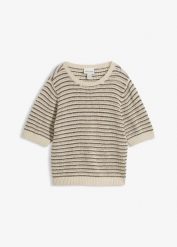 Sweter ażurowy z domieszką lnu. Brązowe swetry bonprix, na wiosnę, w ażurowe wzory, z bawełny, bez ramiączek. Za 132.99 zł.