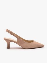 Beżowe czółenka slingback bez pięty. Brązowe czółenka Ryłko, bez wzorów, z gumy, eleganckie, bez obcasa, bez zapięcia. Za 379.99 zł.