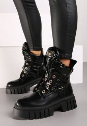 Czarne Botki na Platformie Ozdobione Pikowaniem i Tłoczoną Podeszwą Lerilisa. Czarne botki Renee, z aplikacjami, z jeansu, eleganckie, bez obcasa, na obcasie, bez zapięcia. Za 59.99 zł.