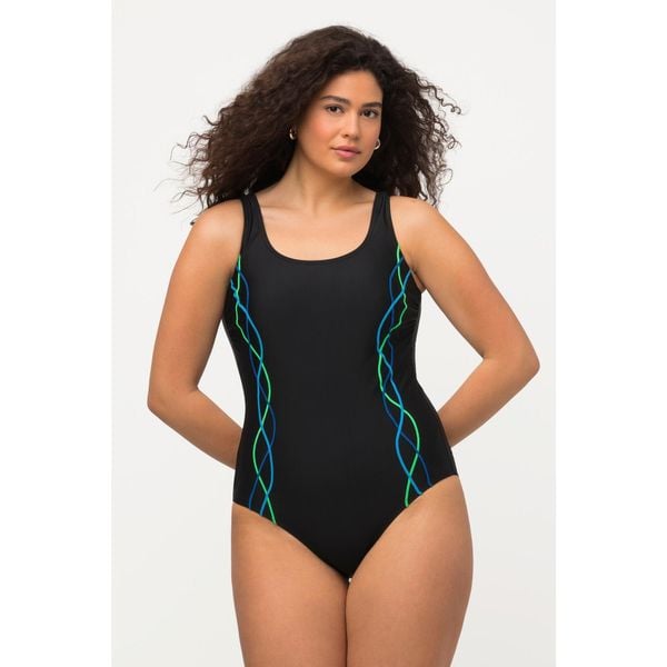 Damski Strój kąpielowy lamówki bez miękkich miseczek pas pod biustem. Czarne stroje jednoczęściowe Ulla Popken, bez wzorów, z elastanu, sportowe. W wyprzedaży za 118.99 zł.