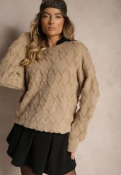 Ciemnobeżowy Luźny Sweter o Pudełkowym Kroju i Tłoczonym Splocie ze Ściągaczami Elomara. Brązowe swetry Renee, bez wzorów, z jeansu, casualowe, bez ramiączek. W wyprzedaży za 127.99 zł.