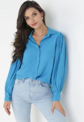 Niebieska Koszula z Plisowanymi Rękawami Leophone. Niebieskie koszule Born2be, bez wzorów, eleganckie, bez kołnierzyka, bez ramiączek. W wyprzedaży za 84.99 zł.