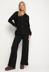 Czarny Komplet Dzianinowy z Wełną Bluza z Kapturem i Szerokie Spodnie Otisela. Czarne bluzy Born2be, bez wzorów, z dzianiny, bez ramiączek, z kapturem. Za 139.99 zł.