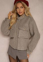 Brązowa Kurtka Utility z Kieszeniami z Klapami i Bufiastymi Rękawami Niraleen. Brązowe kurtki Renee, l, bez wzorów, z jeansu, bez kaptura. Za 179.99 zł.