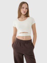 4F T-shirt crop top gładki damski - biały XL. Białe t-shirty 4f, xl, bez wzorów, z bawełny, sportowe, bez kołnierzyka, bez ramiączek. W wyprzedaży za 39.99 zł.