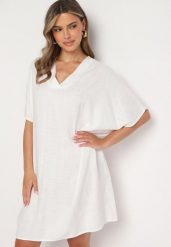 Biała Bawełniana Sukienka o Pudełkowym Kroju z Dekoltem w Serek Vikonia. Białe sukienki Born2be, na co dzień, plus size, bez wzorów, z bawełny, eleganckie, bez kołnierzyka, plus size, bez ramiączek, midi. W wyprzedaży za 59.49 zł.