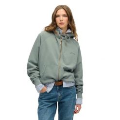 Kurtka dresowa z kapturem zapinana na zamek, damska, z rękawami raglanowymi Supe. Zielone kurtki Superdry, bez wzorów, z dresówki, z kapturem. Za 327.70 zł.