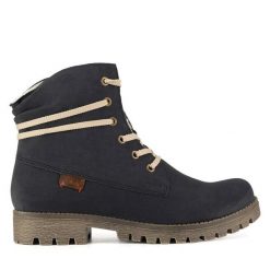 Botki Rieker. Niebieskie botki Rieker, bez wzorów, bez obcasa, na płaskiej podeszwie, bez zapięcia. Za 265.99 zł.
