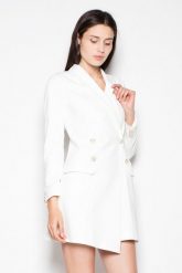 Żakietowa sukienka zapinana na ozdobne guziki ecru. Sukienki Sukienki.shop, do pracy, s, bez wzorów, z materiału, biznesowe, bez kołnierzyka, bez ramiączek. Za 349.00 zł.