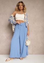 Niebieskie Spodnie Palazzo o Szerokim Kroju Ozdobione Sznurkiem Ularira. Niebieskie jeansy Renee, l, bez wzorów, z jeansu, eleganckie. W wyprzedaży za 29.99 zł.