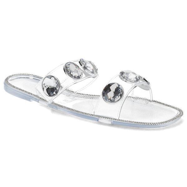 Bezbarwne Klapki Moow Eleganckie Buty Na Lato. Klapki Moow, z aplikacjami, z materiału, eleganckie, bez obcasa, bez zapięcia. Za 99.00 zł.