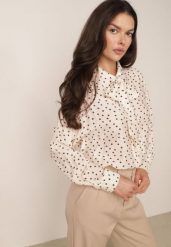 Beżowa Zwiewna Koszula z Wiskozy w Groszki z Kokardką pod Szyją Semone. Brązowe koszule Born2be, l, bez wzorów, z jeansu, eleganckie, bez kołnierzyka, bez ramiączek. Za 119.99 zł.