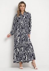 Granatowo-Biała Sukienka Długa Rozkloszowana w Geometryczny Print o Koszulowym Kroju Verdana. Niebieskie sukienki Born2be, l, bez wzorów, z materiału, bez kołnierzyka, bez ramiączek, maxi, koszulowe. W wyprzedaży za 110.49 zł.