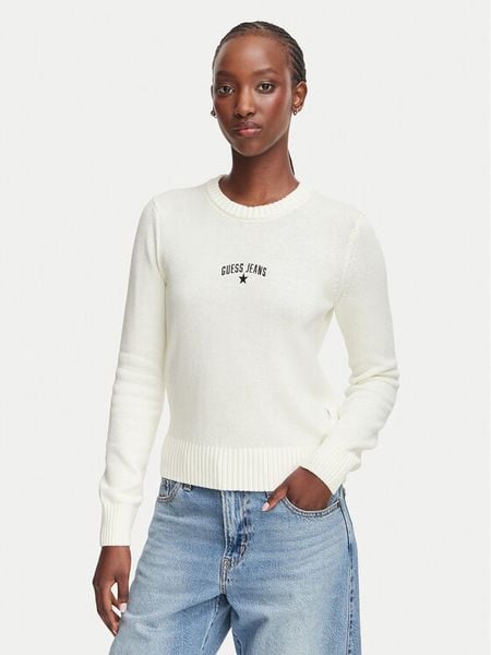 Guess Jeans Sweter W6YR40 Z1074 Kremowy Regular Fit. Białe swetry Guess Jeans, xs, z aplikacjami, z bawełny, bez ramiączek. Za 332.99 zł.