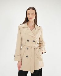 Beżowa kurtka z paskiem. Brązowe kurtki Unisono, l, bez wzorów, bez kaptura. Za 289.00 zł.