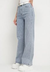 Niebieskie Jeansy z Bawełną Szerokie z Cyrkoniami Iskio. Niebieskie jeansy Born2be, z aplikacjami, z bawełny, eleganckie. Za 149.99 zł.