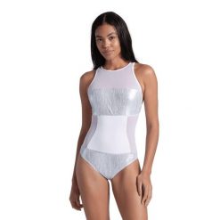 Strój kąpielowy damski połyskujący z siateczką Arena Mesh Pro. Białe stroje jednoczęściowe Arena, bez wzorów, z meshu, sportowe. Za 139.99 zł.
