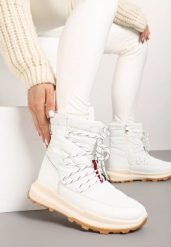 Białe Śniegowce na Grubej Podeszwie z Ozdobnym Sznurowaniem Zinnorine. Białe śniegowce Born2be, bez wzorów, z jeansu, bez zapięcia. Za 84.99 zł.
