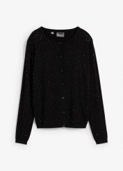Sweter rozpinany z połyskującymi kamieniami. Czarne swetry bonprix, bez wzorów, z wiskozy, bez ramiączek. Za 149.99 zł.