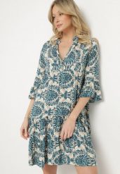 Granatowo-Beżowa Rozkloszowana Sukienka z Bawełny z Falbanami w Ornamentalny Wzór Lanoreth. Niebieskie sukienki Born2be, na co dzień, l, bez wzorów, z bawełny, klasyczne, bez kołnierzyka, bez ramiączek, mini, proste. Za 69.99 zł.