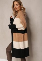 Brązowy Luźny Kardigan Niezapinany w Paski Blikoze. Brązowe swetry Renee, m, bez wzorów, z dzianiny, bez ramiączek. W wyprzedaży za 119.99 zł.