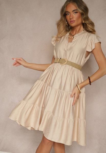 Beżowa Rozkloszowana Sukienka z Dekoltem w Kształcie Litery V Mevamara. Brązowe sukienki Renee, na co dzień, xl, z aplikacjami, z jeansu, eleganckie, bez kołnierzyka, bez ramiączek, midi, kopertowe. Za 59.99 zł.