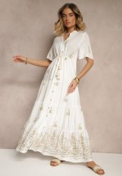 Biała Rozkloszowana Sukienka Boho z Wiskozy Zdobiona Haftem i Wiązaniem Falvania. Białe sukienki Renee, na randkę, l, z aplikacjami, z jeansu, boho, bez kołnierzyka, bez ramiączek, maxi, rozkloszowane. W wyprzedaży za 143.99 zł.