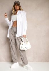 Szare Bawełniane Spodnie High Waist w Klasycznym Stylu Arivora. Szare jeansy Renee, bez wzorów, z bawełny, eleganckie, z podwyższonym stanem. W wyprzedaży za 107.99 zł.