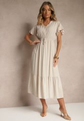 Beżowa Rozkloszowana Sukienka z Bawełny Zdobiona Guzikami Folennea. Brązowe sukienki Renee, na co dzień, l, z aplikacjami, z bawełny, eleganckie, bez kołnierzyka, bez ramiączek, midi, rozkloszowane. W wyprzedaży za 63.99 zł.