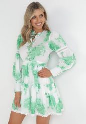 Zielona Sukienka Mini z Gumką w Pasie i Materiałowym Paskiem Alisaine. Zielone sukienki Born2be, l, bez wzorów, z materiału, bez kołnierzyka, bez ramiączek, mini, rozkloszowane. W wyprzedaży za 164.99 zł.