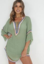 Zielona Tunika Iphotis. Zielone tuniki Born2be, m, z aplikacjami, z tkaniny, boho, z asymetrycznym kołnierzem, bez ramiączek. W wyprzedaży za 67.49 zł.