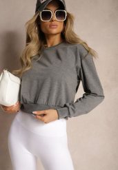 Ciemnoszara Bluza z Bawełną ze Ściągaczami przy Rękawach i w Pasie Alberia. Szare bluzy Renee, l, bez wzorów, z bawełny, casualowe, bez ramiączek, bez kaptura. Za 24.99 zł.