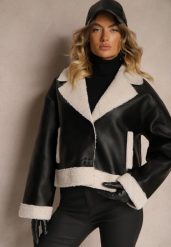 Czarna Kurtka Biker w Stylu Ramoneski z Futrzanym Ociepleniem Nikinia. Czarne kurtki Renee, l, bez wzorów, z futra, eleganckie, bez kaptura. W wyprzedaży za 188.99 zł.