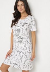 Biała Bawełniana Sukienka o T-shirtowym Kroju z Ozdobnym Nadrukiem Feviressa. Białe sukienki Born2be, na co dzień, m, bez wzorów, z bawełny, eleganckie, bez kołnierzyka, bez ramiączek, mini. Za 39.99 zł.