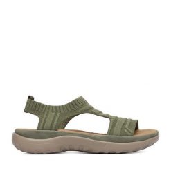 Sandały Rieker. Zielone sandały Rieker, bez wzorów, bez obcasa, na płaskiej podeszwie, bez zapięcia. Za 299.99 zł.