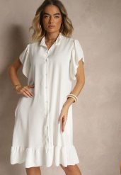 Biała Koszulowa Sukienka Ozdobiona Falbankami i Guzikami Tenelora. Białe sukienki Renee, na co dzień, bez wzorów, eleganckie, bez kołnierzyka, bez ramiączek, midi, koszulowe. W wyprzedaży za 63.99 zł.