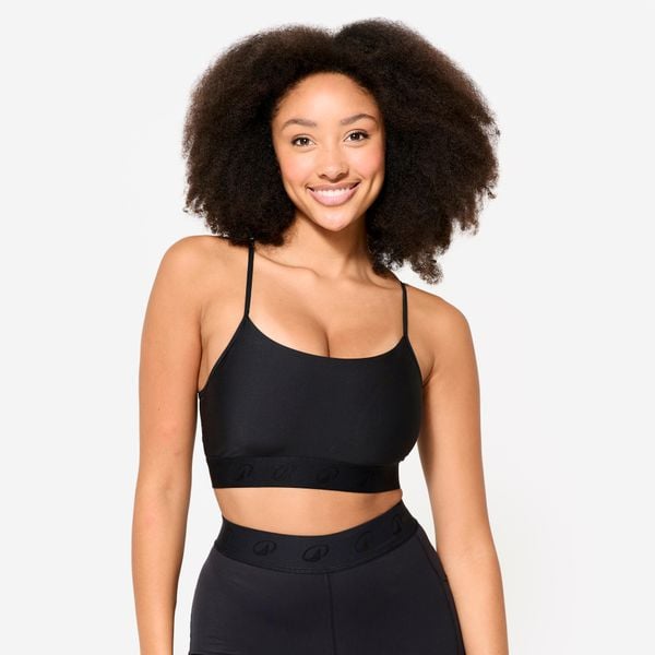 Stanik sportowy Decathlon. Czarne biustonosze sportowe DOMYOS, bez wzorów, z elastanu, na fitness i siłownię. Za 49.99 zł.